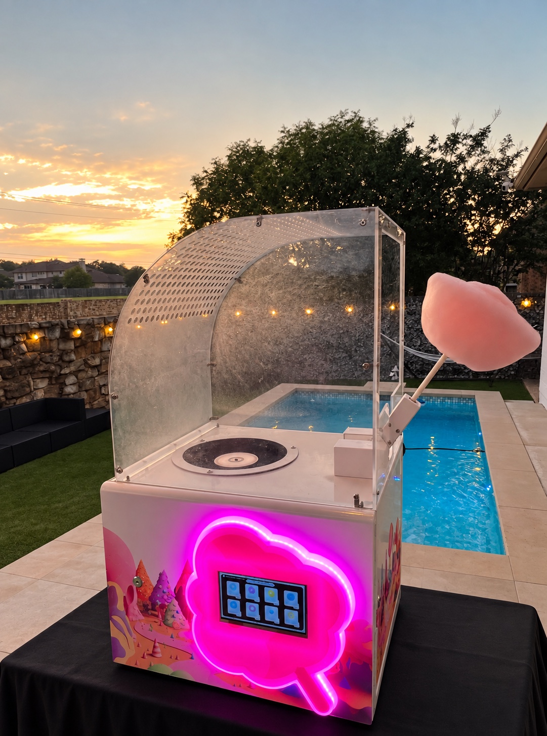 Cotton candy machine by a pool at sunset